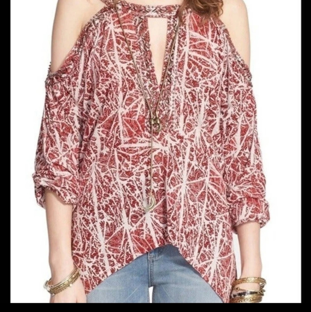 Free People "Good Morning" Beaded Cold Shoulder Red Paisley Print Top
